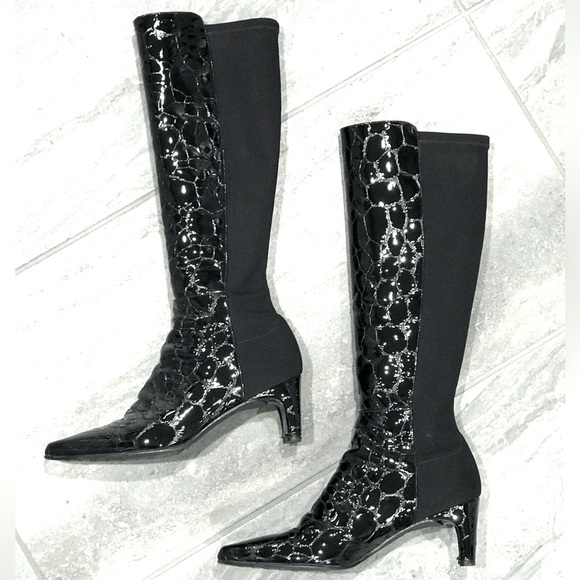 STUART WEITZMAN Croc Embossed 50/50 Ltd Edition Black Patent Leather Heel Boot 4 - Picture 2 of 16
